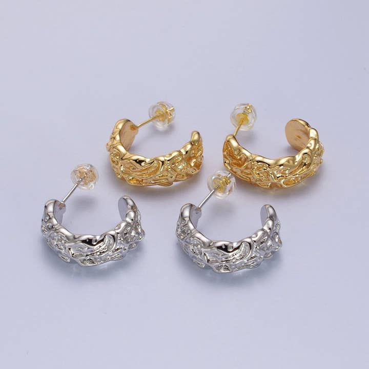 Geometric Abstract Foil C-Shaped Stud Hoops in Gold & Silver | AB016 AB017 for wholesale by Aim Eternal