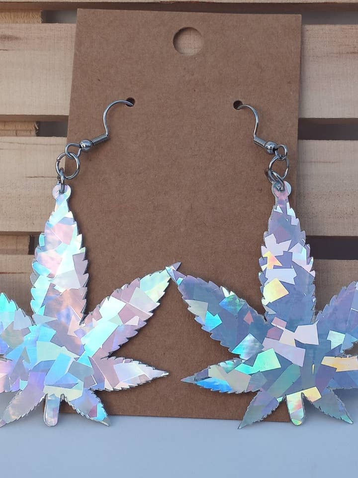 Marijuana Leaf Earrings, Glitter/Holographic Cannabis Leaf for wholesale by Sunshine Crafts