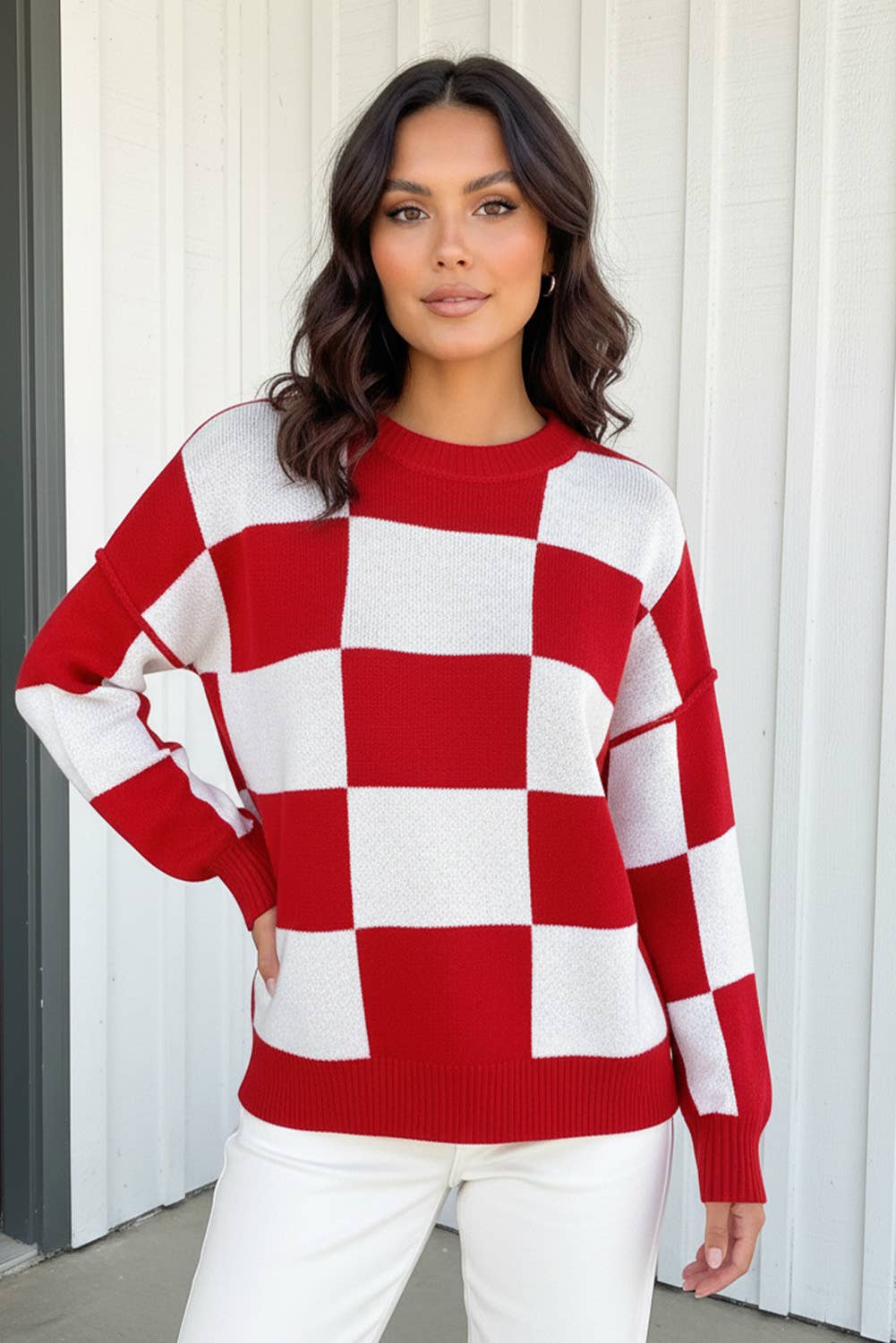 LA Society - Vente Pull en maille – femme - Pull à manches bishop à carreaux LAS (S-XL)1