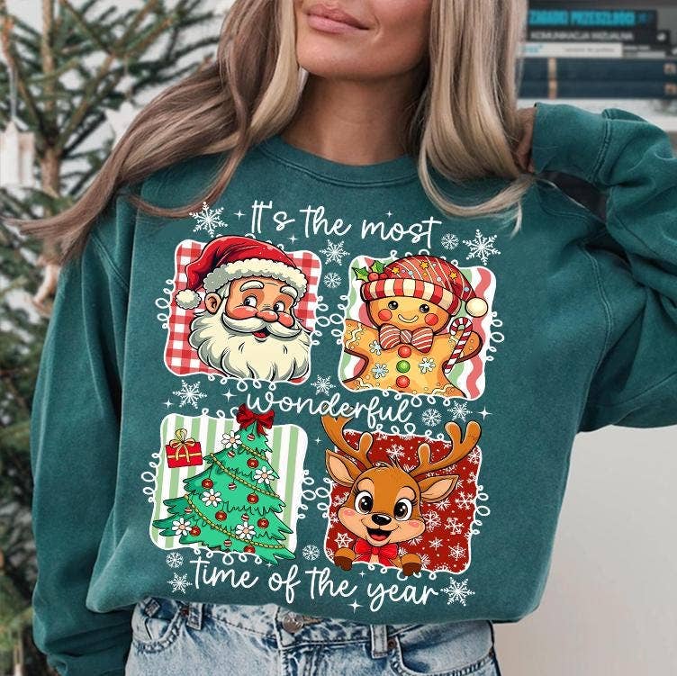 NVC Ecommerce LLC – T-shirt gráfica - Mulher por atacado – Camisola de Natal Preppy, Sweatshirt de Feliz Natal, Rena1