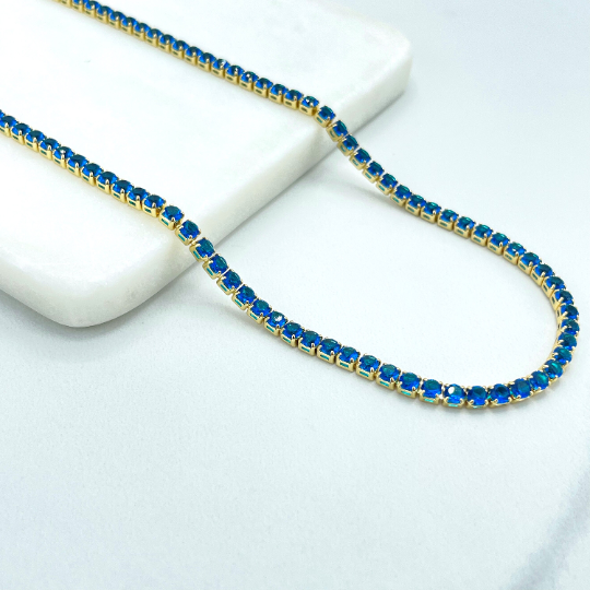 Luxus Accessories - Wholesale Link & Chain Necklace - 18k Gold Filled 3mm Cubic Zirconia Tennis Chain Necklace, Black, Red, Pink, Turquoise or Blue Rhinestone, 18 Inches with 4.5 inches Exntender, Wholesale5