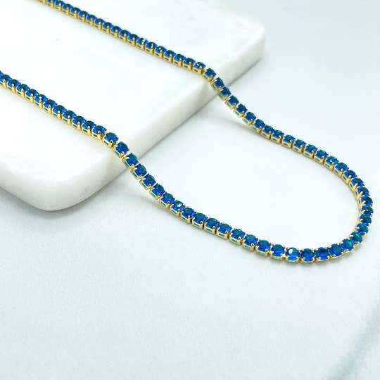 Luxus Accessories - Wholesale Link & Chain Necklace - 18k Gold Filled 3mm Cubic Zirconia Tennis Chain Necklace, Black, Red, Pink, Turquoise or Blue Rhinestone, 18 Inches with 4.5 inches Exntender, Wholesale5