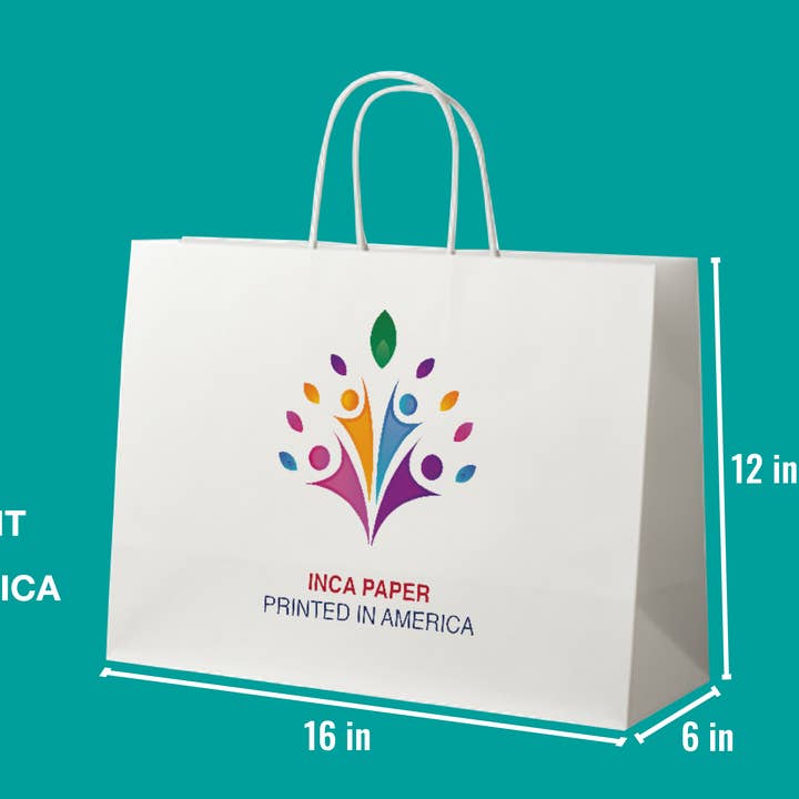 16" x 6" x 12" Printed White Paper Bags with Twisted Handles for wholesale by INCA PAPER