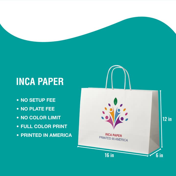 16" x 6" x 12" Printed White Paper Bags with Twisted Handles for wholesale by INCA PAPER