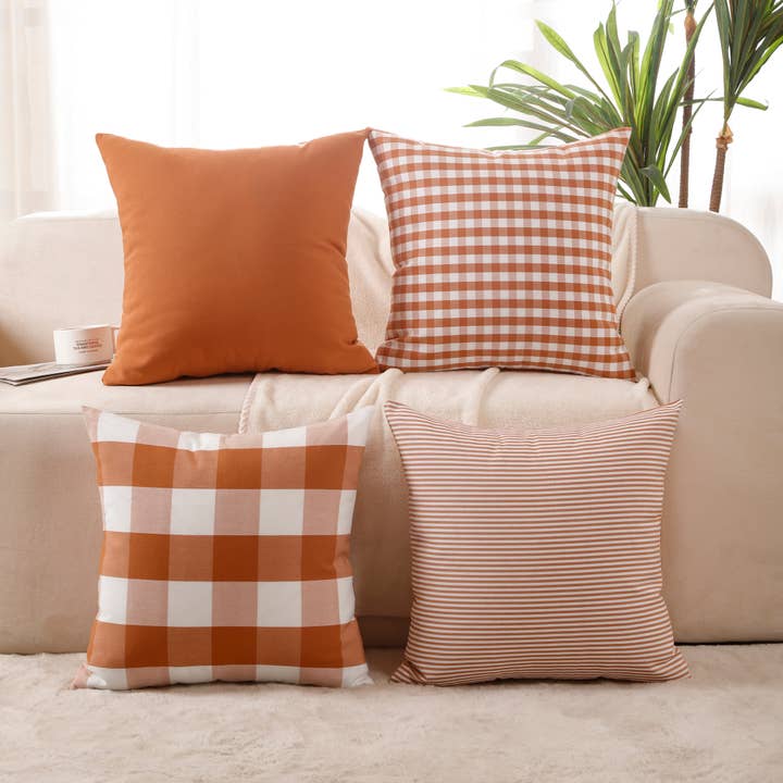 Orange Buffalo Check & Stripe Cushion Covers – Set of 4 Polyester Cushion Covers (45×45 cm) for wholesale by RKAAS HOME