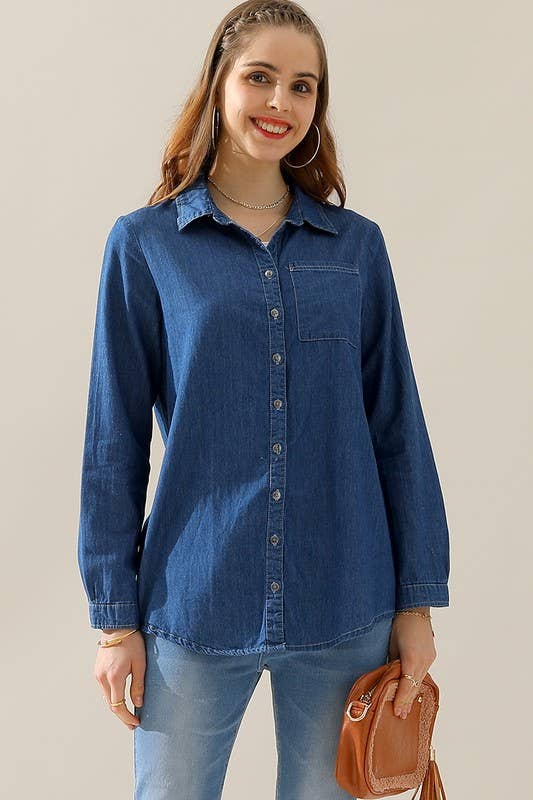 NINEXIS - Wholesale Button Down Shirt - Women's - CWTSTL088_DENIM CHAMBRAY BUTTON UP LONG SLEEVE TOP1