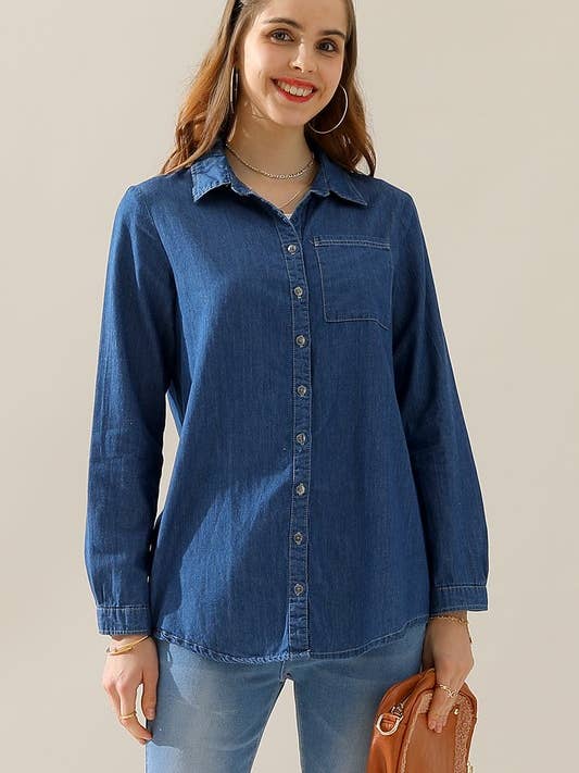 NINEXIS - Wholesale Button Down Shirt - Women's - CWTSTL088_DENIM CHAMBRAY BUTTON UP LONG SLEEVE TOP1