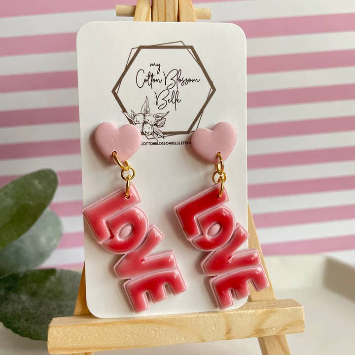 Pink LOVE Sign Clay Earrings for wholesale by My Cotton Blossom Belle