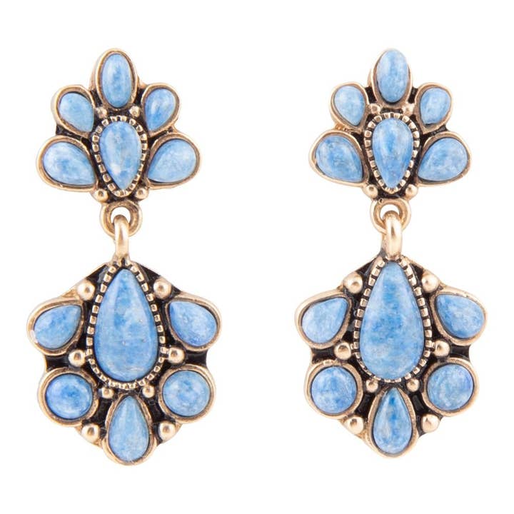 Concho Denim Blue Lapis Double Golden Drop Earrings for wholesale by Barse Jewelry
