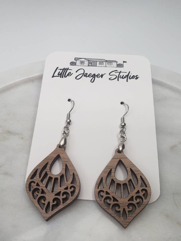Handmade Laser Cut Walnut Scroll Earrings for wholesale by Little Jaeger Studios