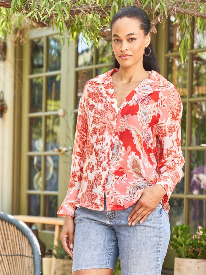 Print Mix Voile Button Front Shirt 6001-MAT for wholesale by Paparazzi