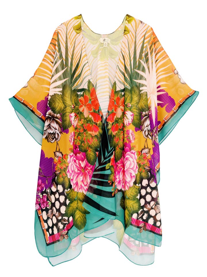 JC Sunny Fashion - Vente Kimono – femme - JC071206 Kimono tropical à fleurs et feuilles mauve sarcelle