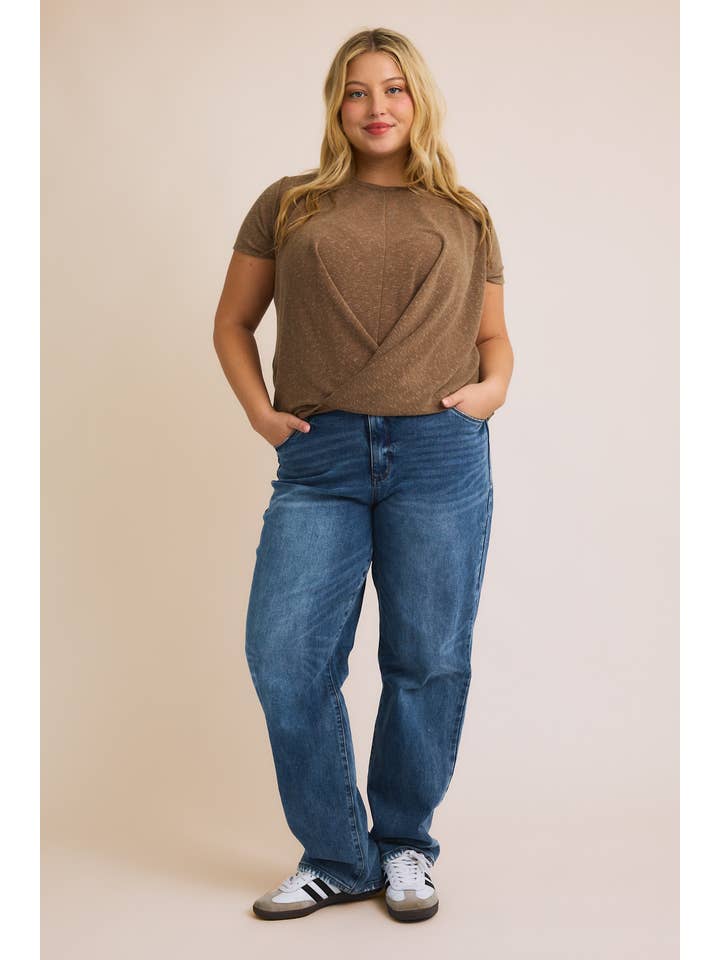 GILLI - Wholesale Shirt - Women's - **PLUS** ROUND NECK FRONT TWIST SHORT SLEEVE TOP