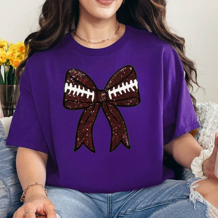 Sequins Football Bow Patch Purple Everyday Tee for wholesale by Trendy Tee Co.