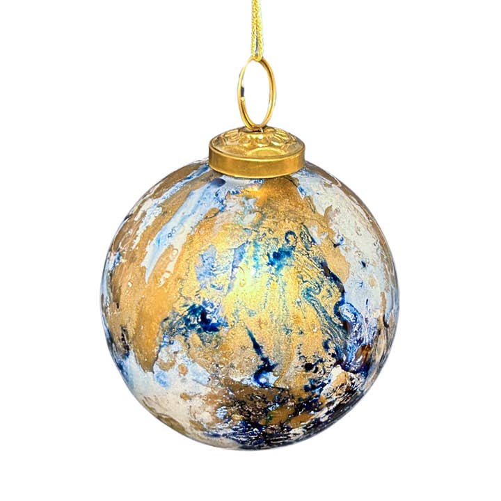 David Christopher's Collection - Wholesale Ornament - BLUE/GOLD WATERCOLOR GLASS BALL ORNAMENT 4"