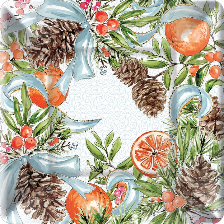Boston International - Wholesale Disposable Plate - 10" Square Plate Pinecones & Ribbons Pack of 8 Fall Autumn