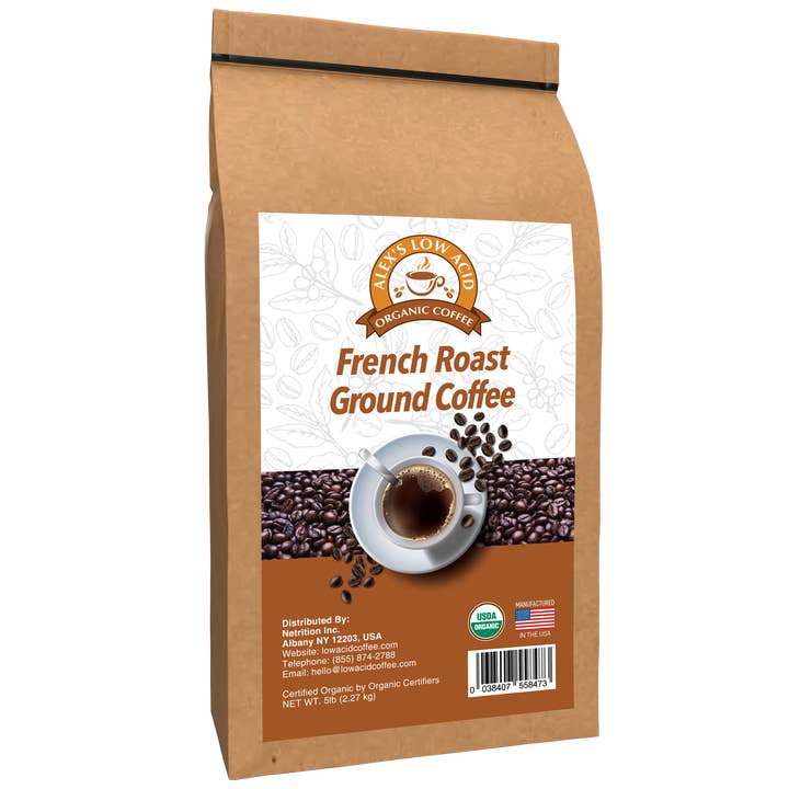 Alex's Low-Acid Organic Coffee™ - French Roast Ground (5lbs) for wholesale by Alex's Low-Acid Organic Coffee