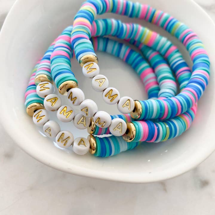 Heishi Color Pop Bracelet Aqua Rainbow "Mama" for wholesale by The Mod Miss