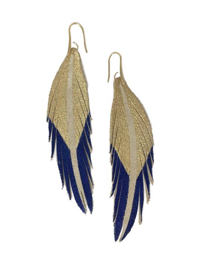 Short Feather Leather Earrings - Gold/Cobalt Painted for wholesale by The Supply Society