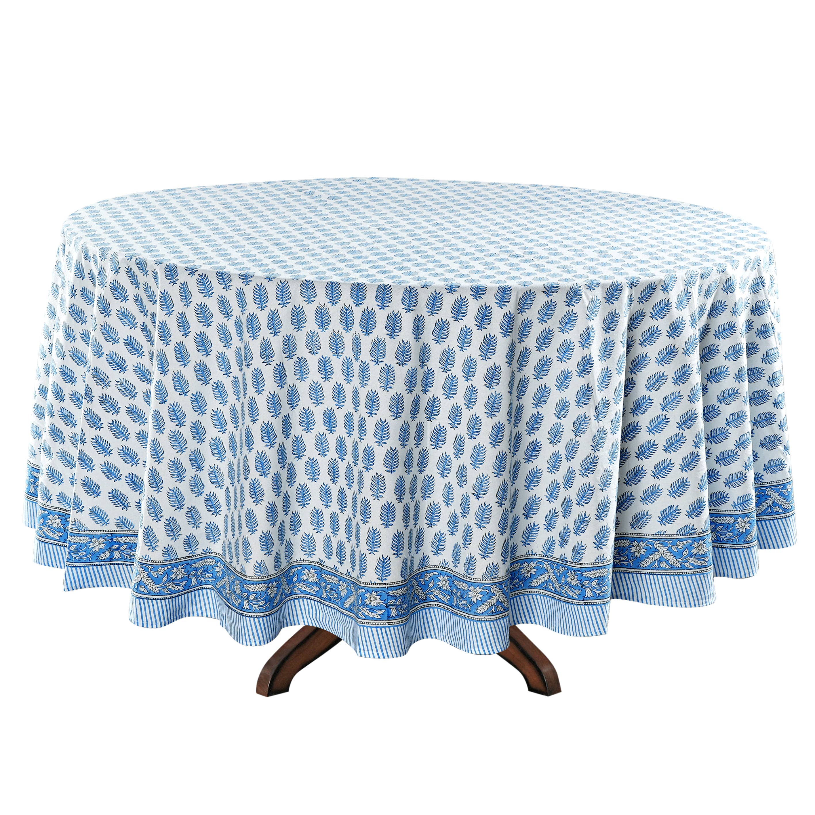 Fabricrush - Wholesale Tablecloth - Cerulean Blue Leaf Printed Round Tablecloth Home Decor 1