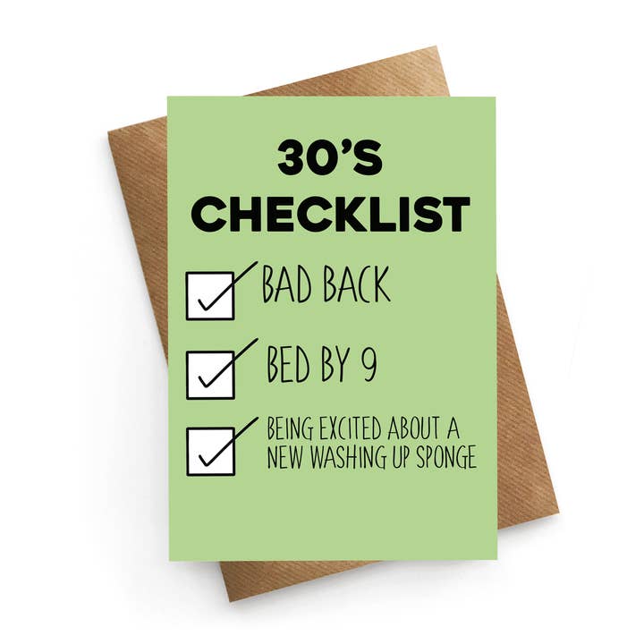 30's Checklist - 30th Birthday Card for wholesale by STUCK SHOP GIFTS