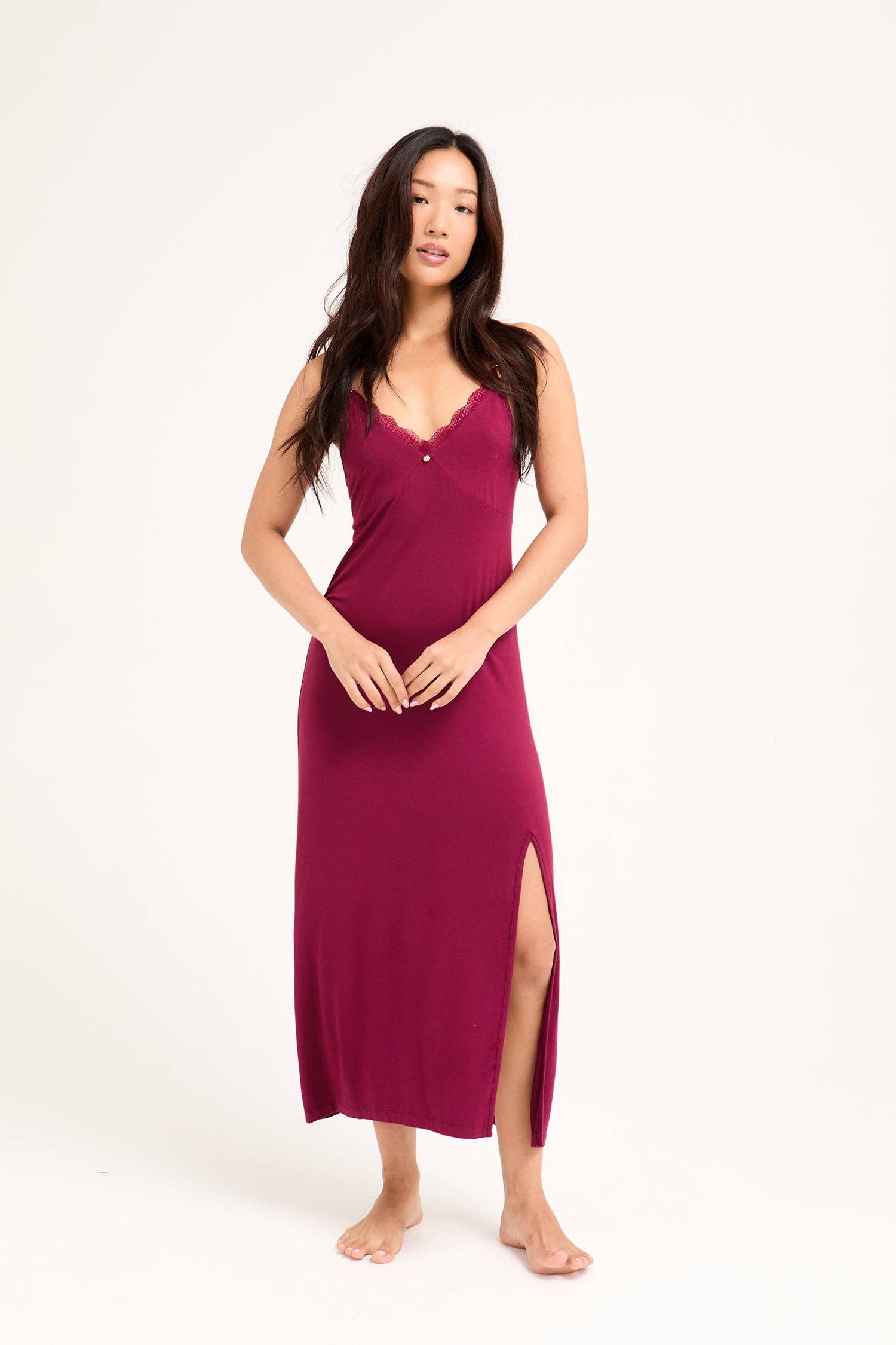 Bamboo Lace Midaxi Chemise in Bordeaux for wholesale on Faire5