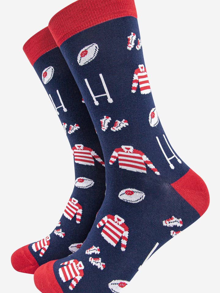 Men's Rugby Goal Kit Bamboo Socks in Navy and Red for wholesale by Sock Talk