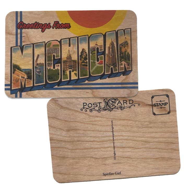 Postal de madera - Greetings Michigan para venta al por mayor de Spitfire Girl