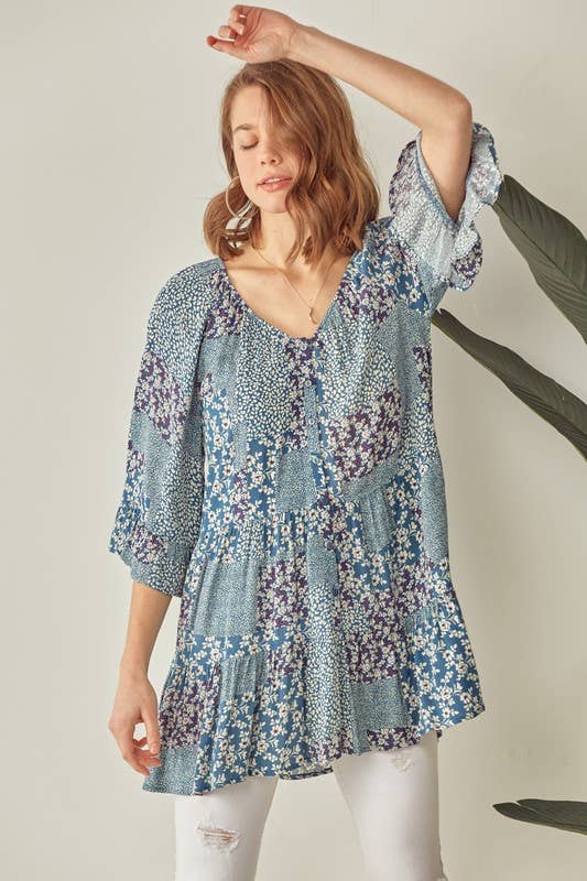 Doe and Rae – wholesale Tunic – Women’s – Button Down Tiered Tunic Top With Deep V Neck - 14255T3