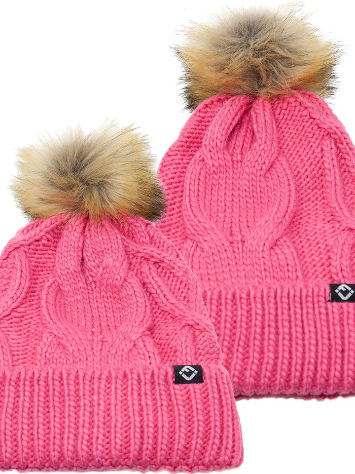 Berretto con pompon lavorato a trecce, per adulti e bambini piccoli, rosa confetto (confezione da 2) per la vendita all'ingrosso da parte di Funky Junque