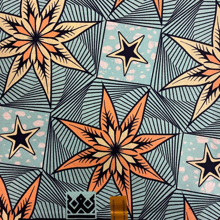 MW149, cotone stampato, cera Mitex, stella, blu arancio per la vendita all'ingrosso da parte di Reburoni