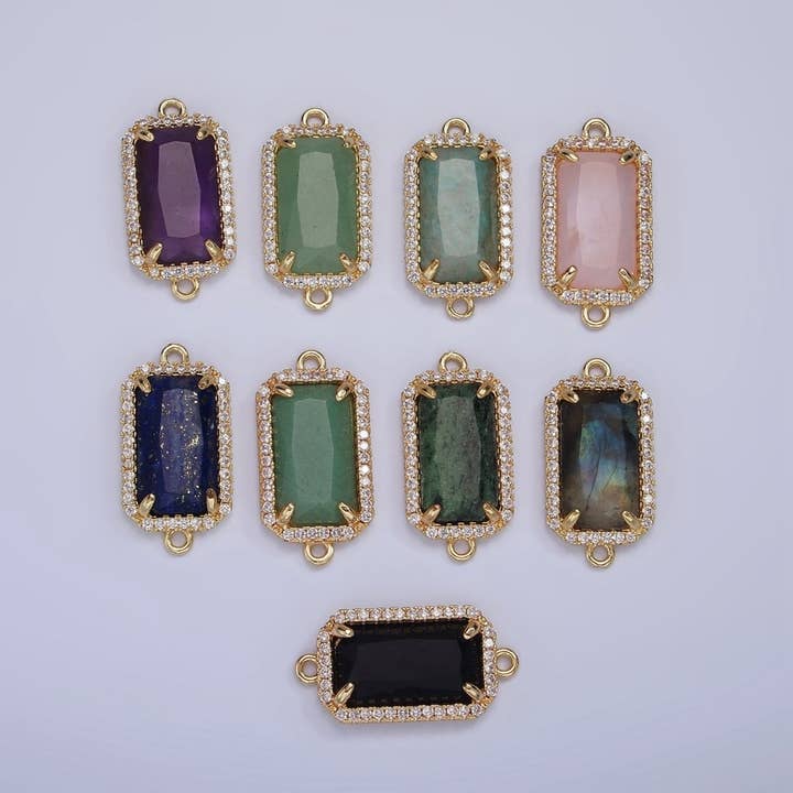Connecteur Charm Rectangulaire en Pierre Précieuse Naturelle avec Micro Pavé CZ en Or Rempli 14K | G-084 - G-092 pour la vente par Aim Eternal