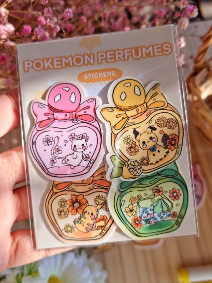 Pokemon Perfume Sticker Pack of 4 | Mimikyu, pikachu, mew for wholesale by Bizzare Blue