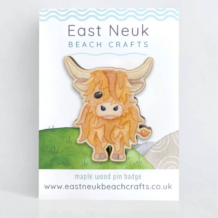 Highland Cow Pin Badge - Wooden Brooch - Scottish Gifts for wholesale by East Neuk Beach Crafts