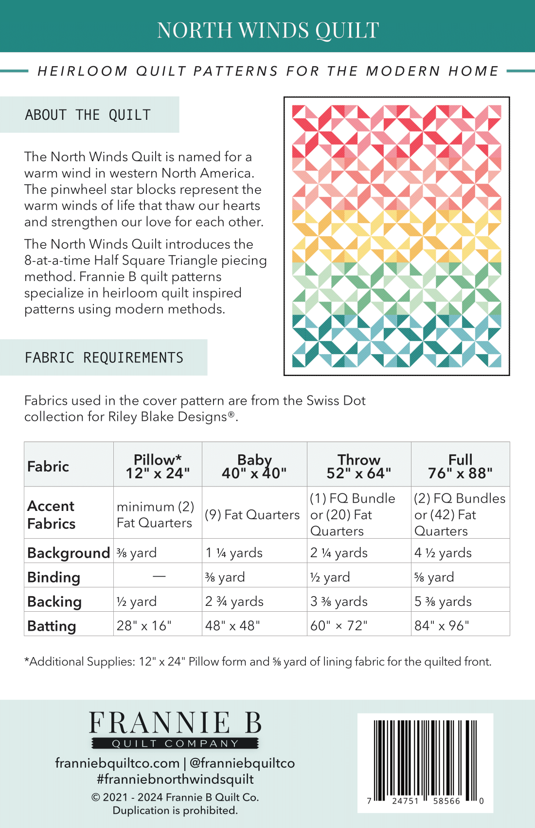 Frannie B Quilt Company – wholesale Craft sewing kit – North Winds Quilt - Paper Pattern (2025)1