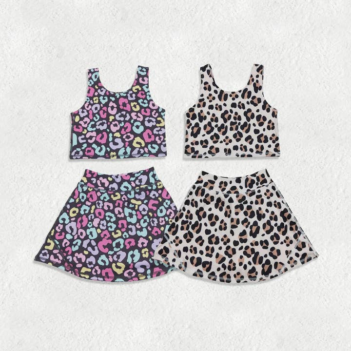 Ensemble de vêtements actifs pour bébés filles sœurs : débardeurs sans manches léopard colorés, jupe, short, yoga. pour la vente par Aier Wholesale