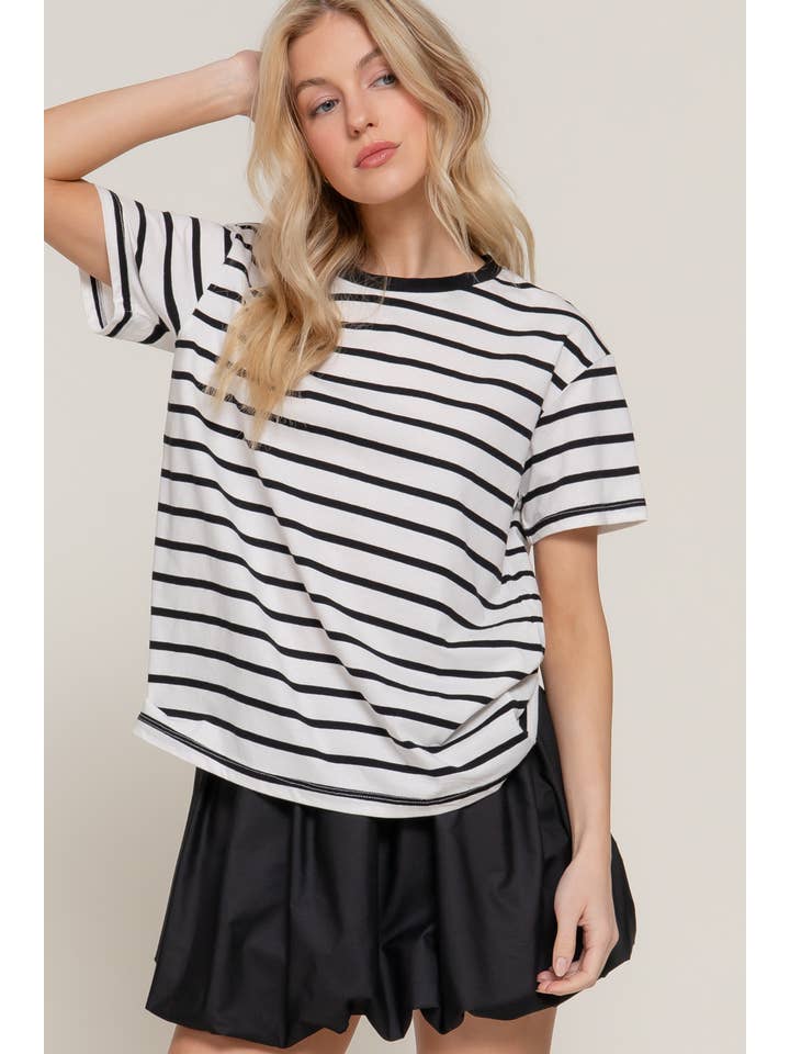 Active Basic | Active USA - Wholesale Knit Top - Women's - Short Sleeve Crew Neck Y/D Stripe Oversize T-Shirt