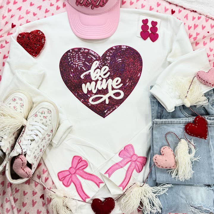 Be Mine Sequin Heart Patch With Side Bows White Sweatshirt for wholesale by Trendy Tee Co.