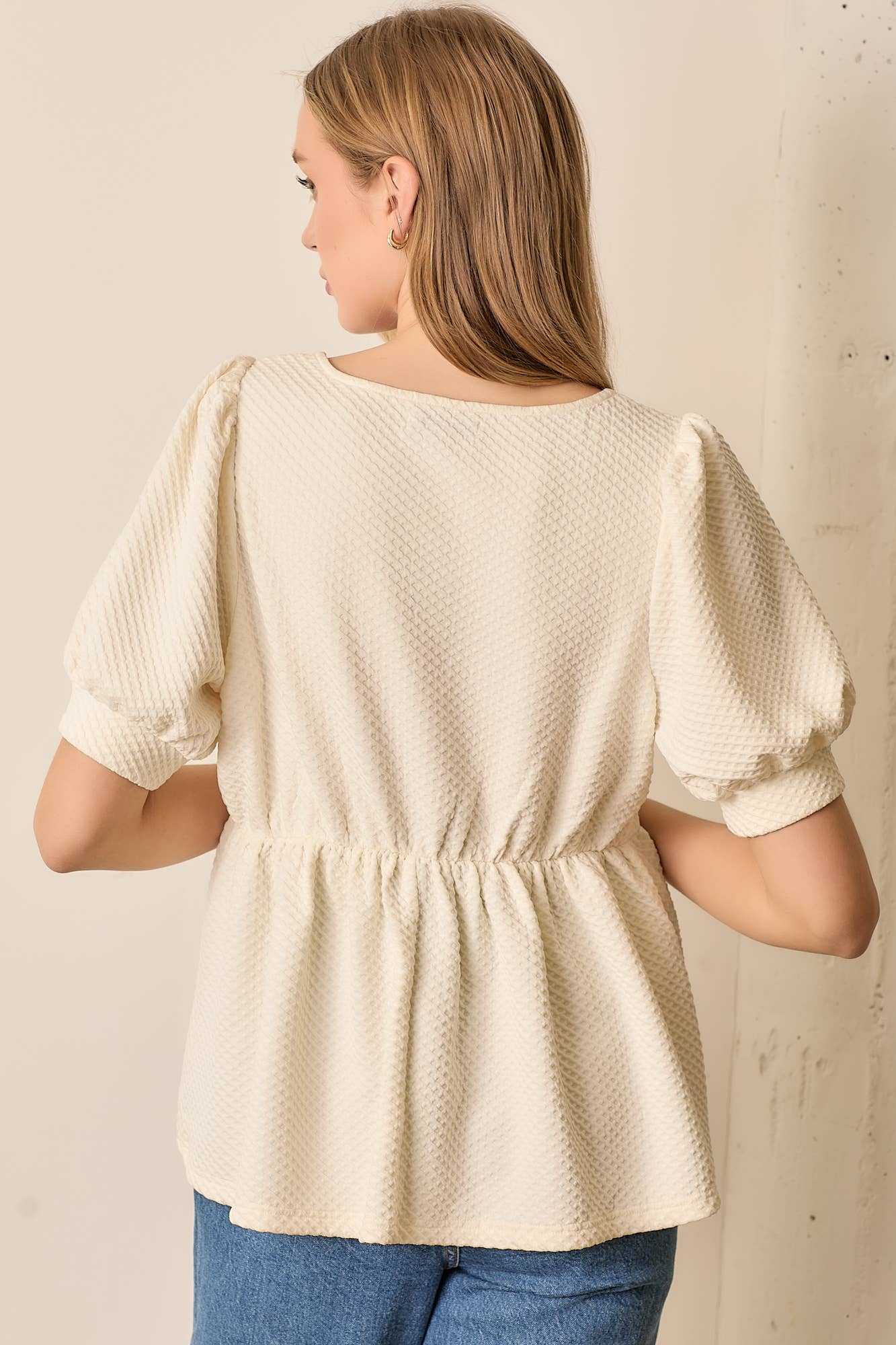 CREAM TEXTURED SQUARE NECK SHORT SLEEVE TOP for wholesale on Faire3