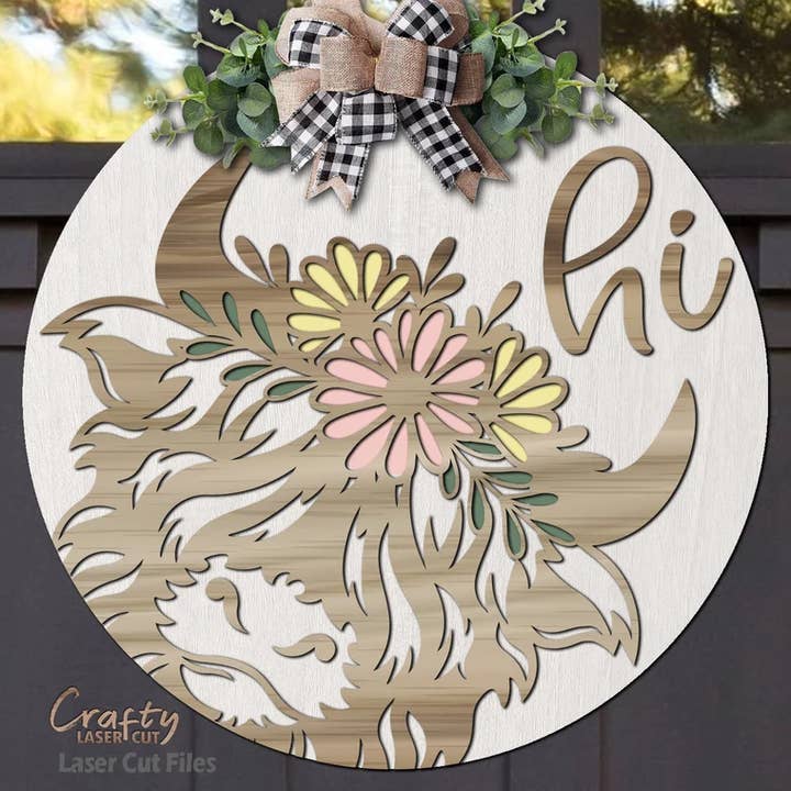 Animal- HI Highland Cow Door Hanger DIY | Wood Sign for wholesale by Kate's Blanks