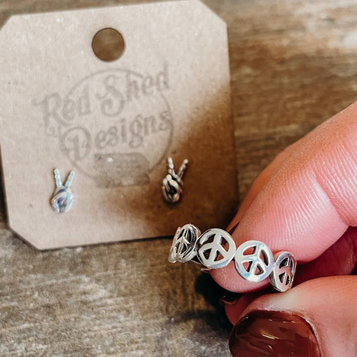 Boho Hippie Sterling Silver Band Ring with Multiple Peace for wholesale by Red Shed Designs