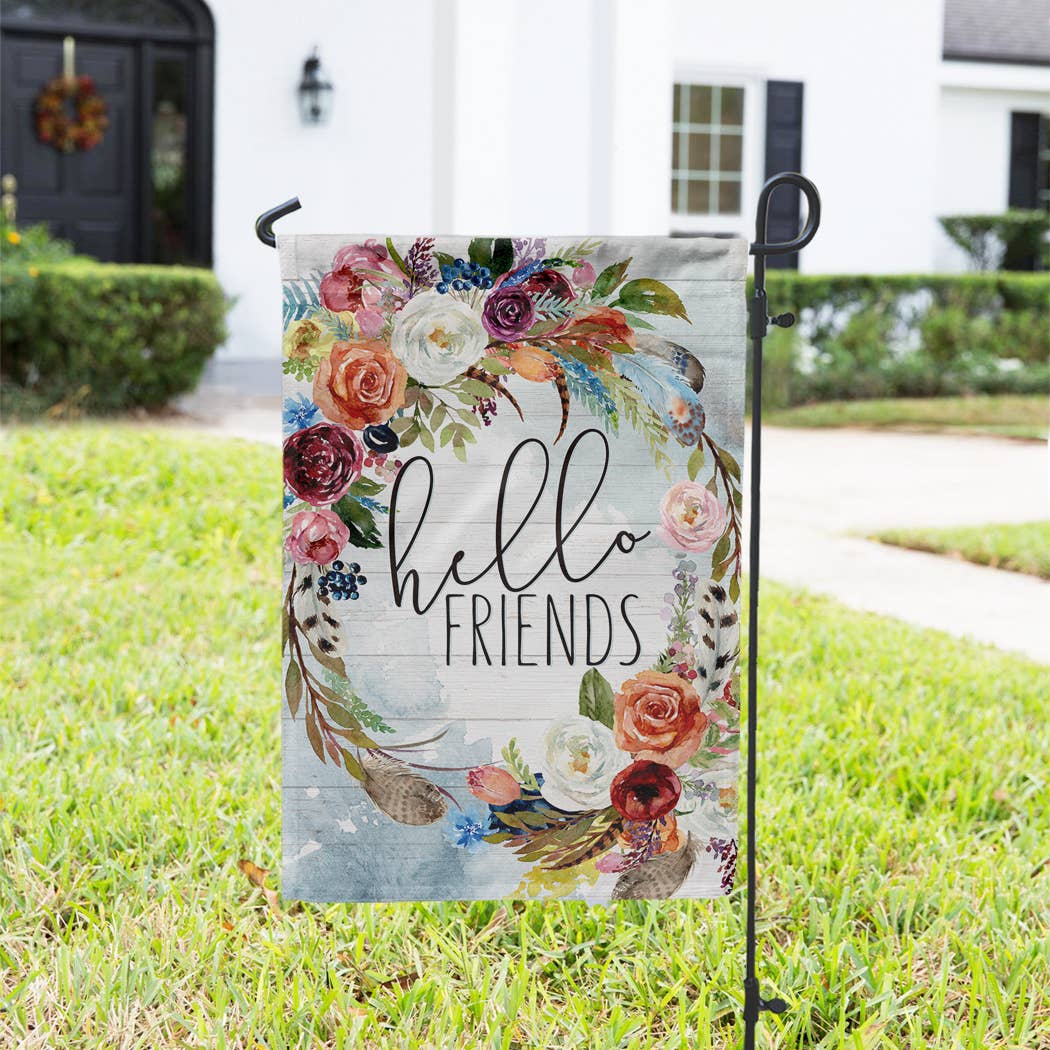 Boutique Monogram - Wholesale Flag - Garden Flag - Hello Friends Bright Florals and Feathers