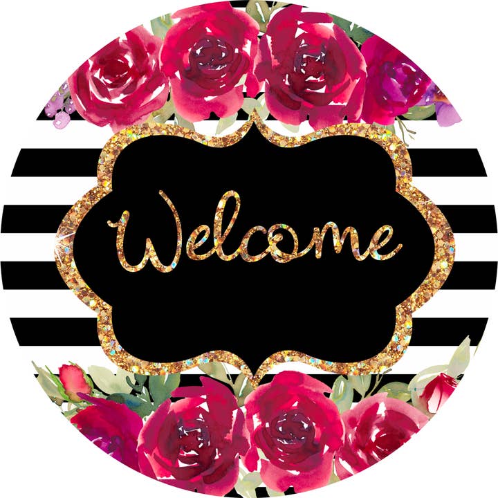 Pink Welcome Sign, Floral Sign, 18" Wood Round Sign DECOE-8 for wholesale by DecoExchange
