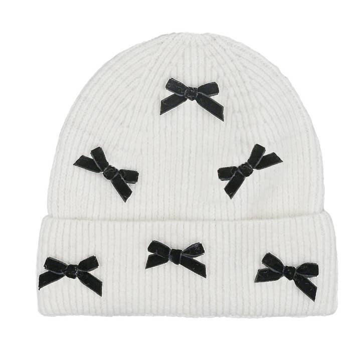 Funky Junque - Wholesale Beanie - Women's - Ribbed Knit Mini Velvet Bows Beanie - Ivory w/ Black Bows