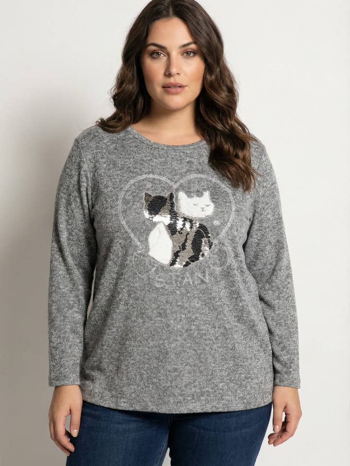 Pull grande taille gris motif chat (T9818A) pour la vente par Pomme Rouge Paris