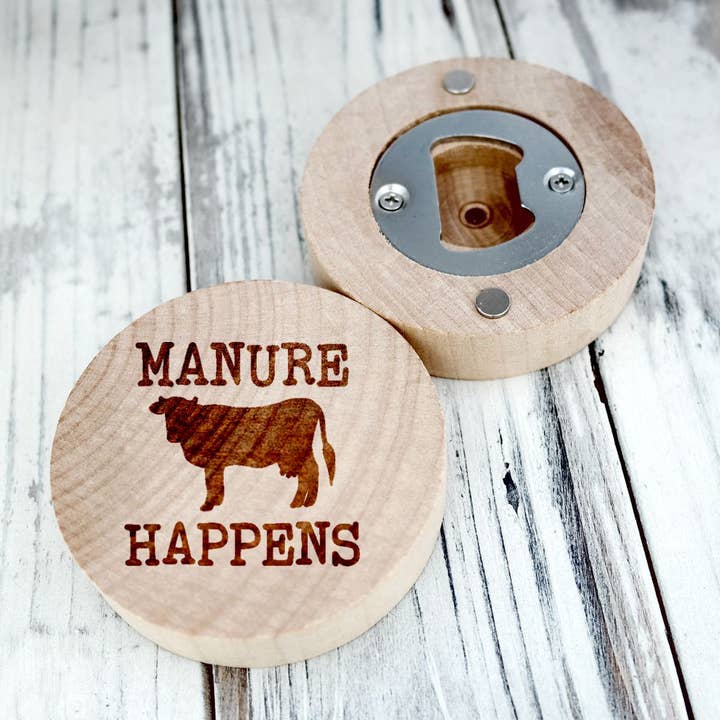 Manure Happens Cow Wood Bottle Opener Magnet for wholesale by Kennebug LLC