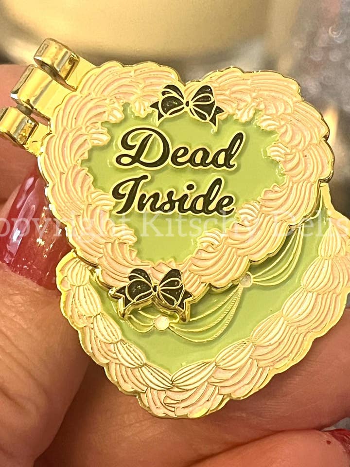 Dead Inside, glittery enamel hinge pin for wholesale by Kitschy Delish