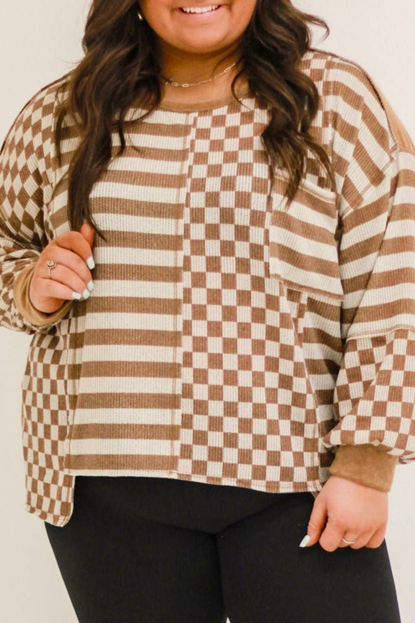 Wholesale Plus Size Stripe Checker Casual Top for your store Wholesale Plus Size Stripe Checker Casual Top for your store