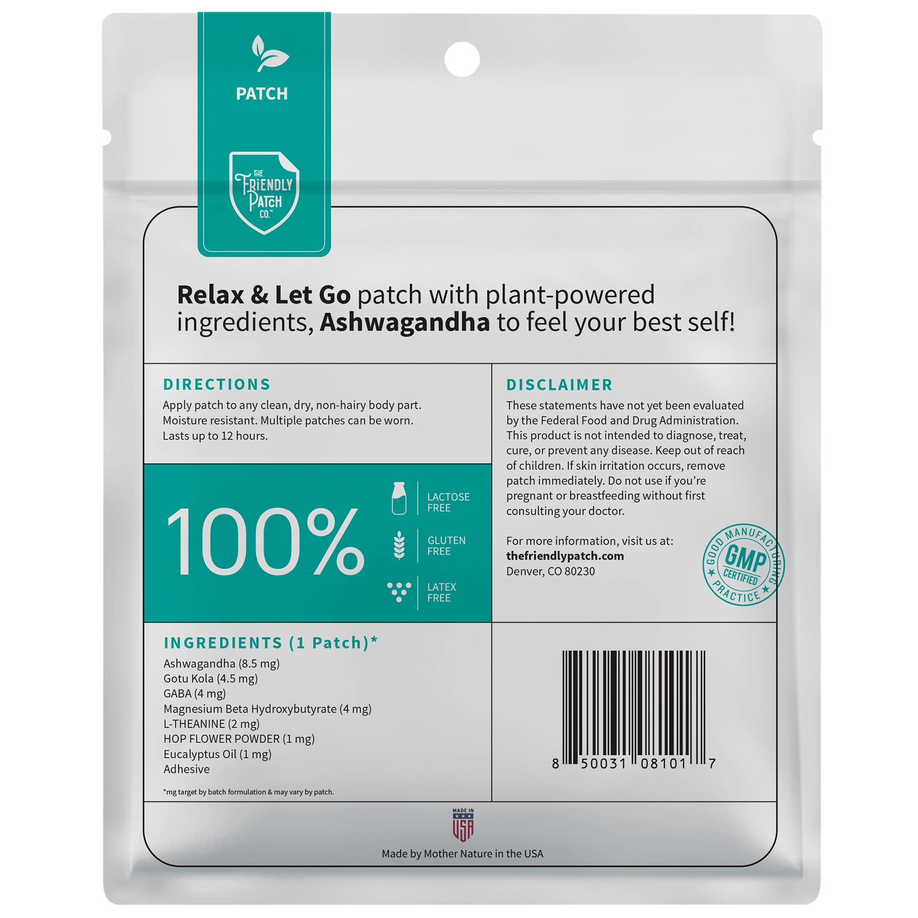 Friendly Patch CO - Wholesale Oral Supplement/Vitamin - Stress Patch Relax & Let Go Ashwagandha Gaba 28 Patches9