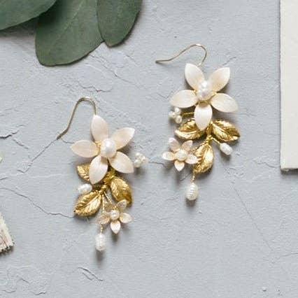 Miss Foxine Couture - Wholesale Dangle Earrings - Evanthe Floral Bridal Earrings with Freshwater Pearls and Enamel2